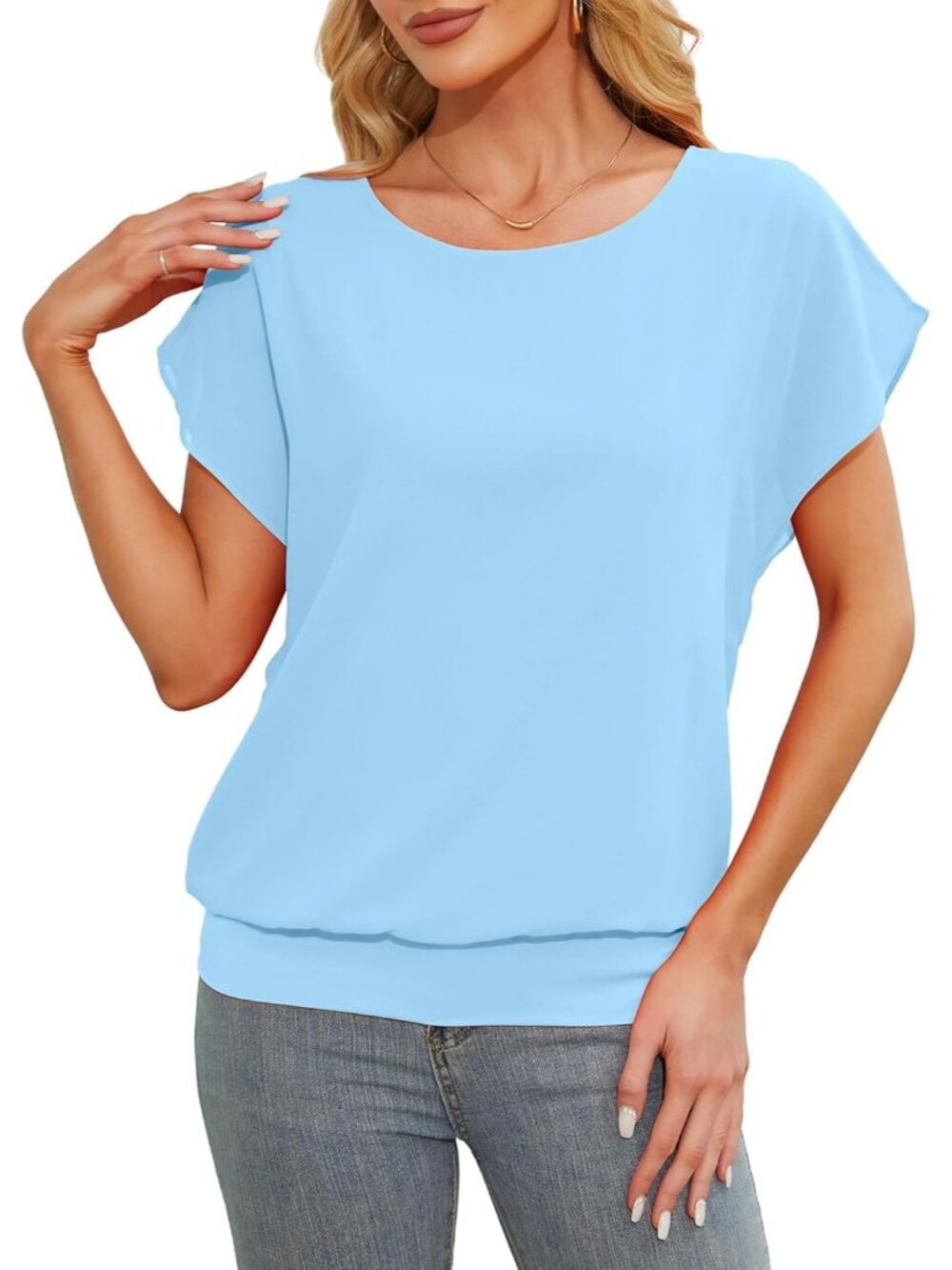 Women's Blue Comfortable Flutter Short Sleeves Chiffon Blouse Casual Dressy Top